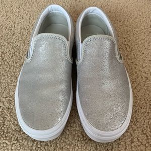 Shimmery silver slip on vans